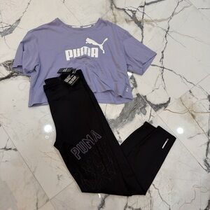 Puma Lavender Crop Tee with Black Logo & Black Leggings